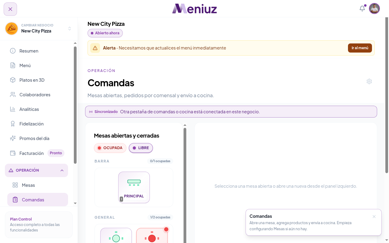 Comandas y cuenta DEMO New City Pizza en Meniuz Business