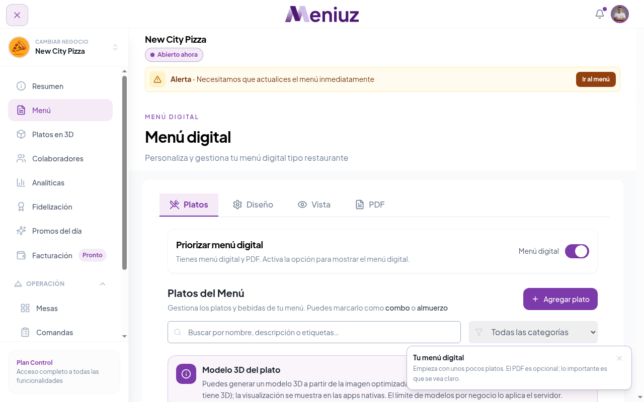 Menú digital DEMO de New City Pizza en Meniuz Business