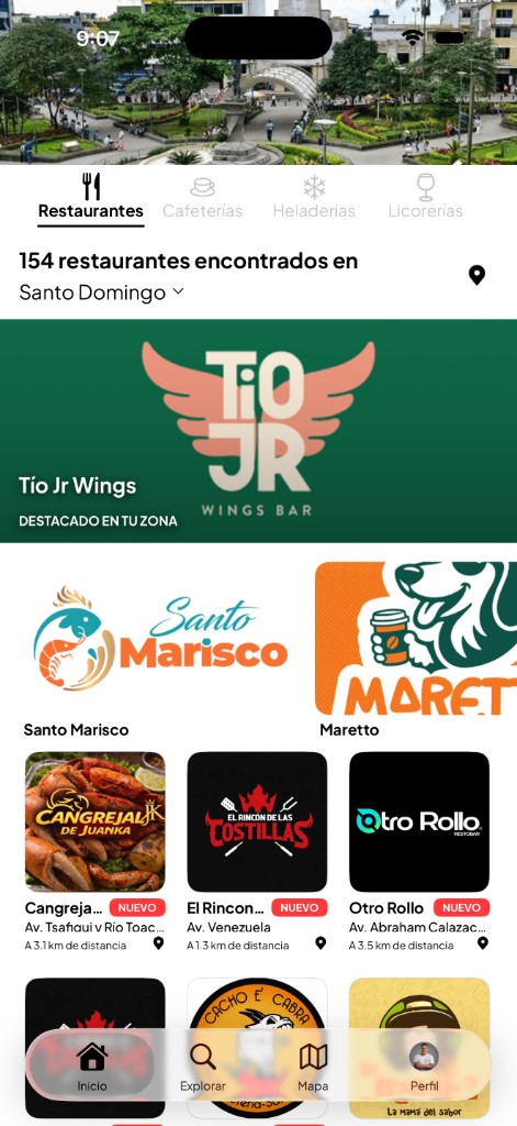 App Meniuz: inicio con restaurantes y categorías en Santo Domingo